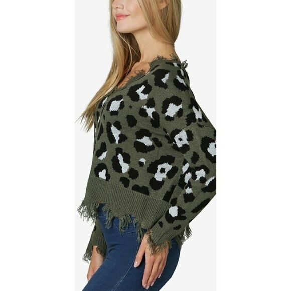 Polly & Esther Sweater Top Women's LARGE Green Black Destructed Cropped Frayed - Picture 11 of 12